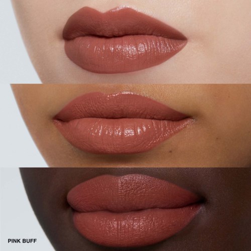 Three close-up photos of lips with different lipstick shades and textures.