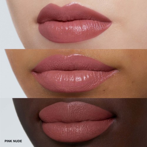Three different lip shades: pink, nude, and dark. Lips look smooth, shiny, and well-groomed.