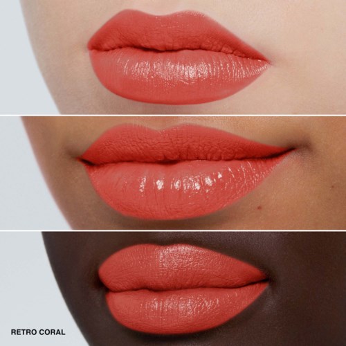 Three women wear coral lipstick, showing different skin tones and lip shapes in close-up. "RETRO CORAL" text appears.