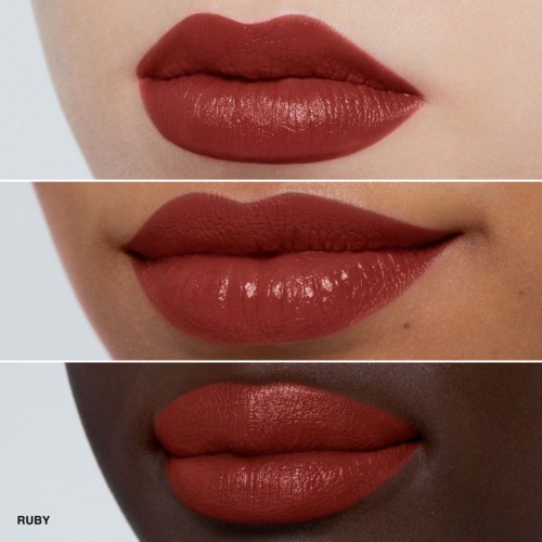 Three different lips with shades of red lipstick, showcasing various lip shapes and skin tones.