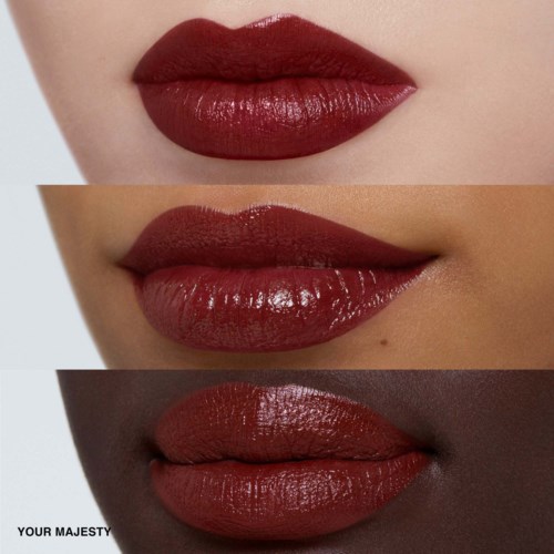 Three different lips in varying shades of red lipstick, displayed from top to bottom. Hands in different lighting.