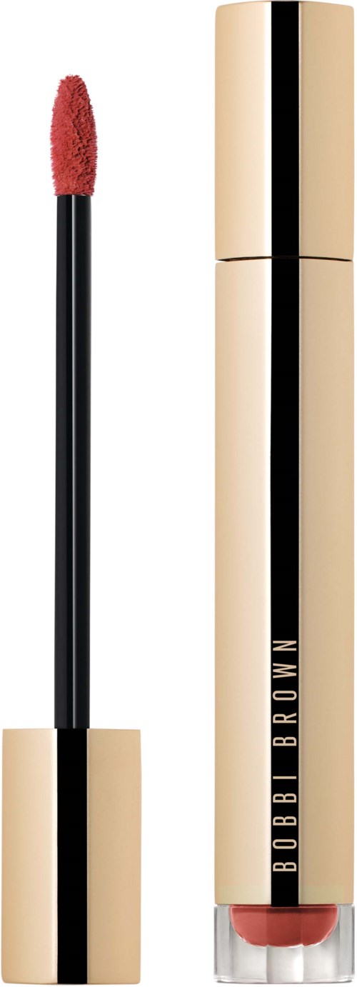 A liquid lipstick with a gold case and a black wand with red color on it.