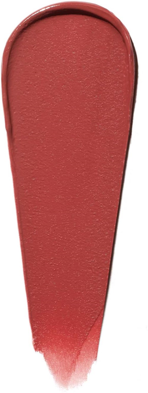 A red, elongated makeup sponge with a rounded top and a pointed tip at the bottom.