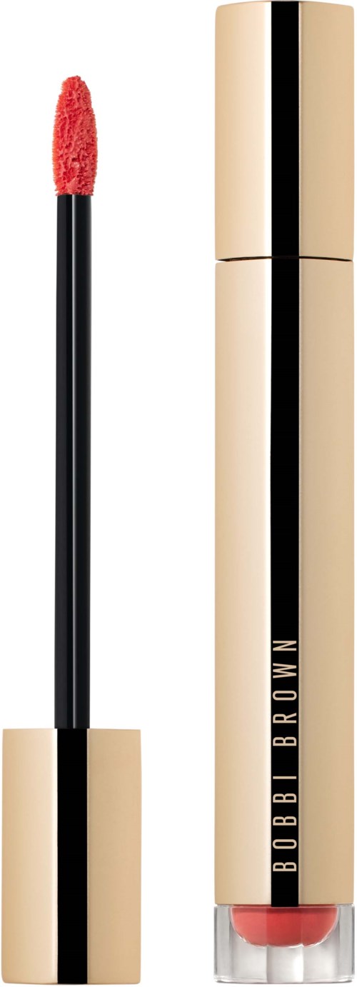 A lip gloss tube with black and gold colors, and a wand applicator showing pink gloss. The brand is Bobbi Brown.