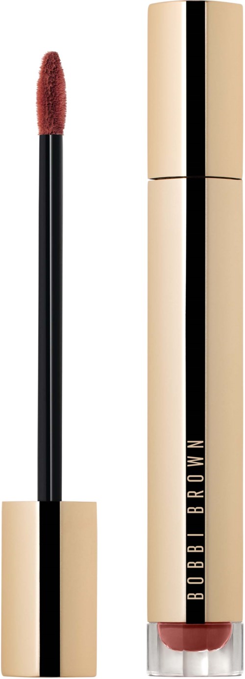 A lip gloss tube with a black and gold design, open applicator showing reddish-brown lip gloss.
