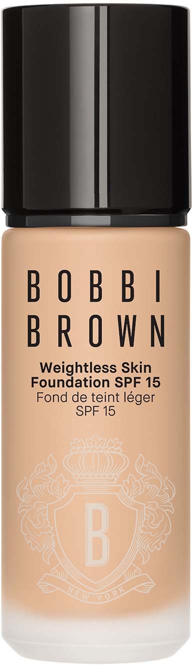 Bobbi Brown foundation bottle with black cap and beige liquid. Text states it is Weightless Skin Foundation SPF 15.