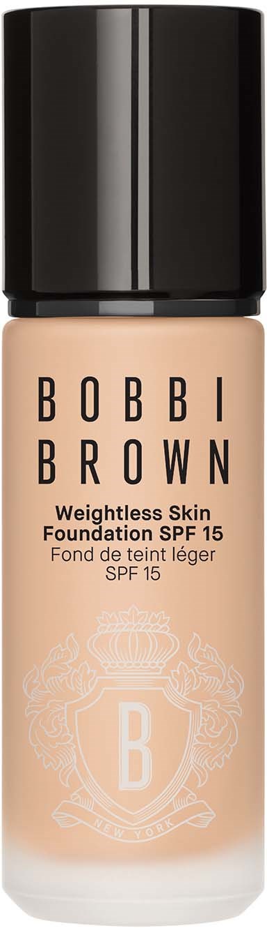 Bobbi Brown foundation bottle with black cap, light skin tone color, SPF 15.