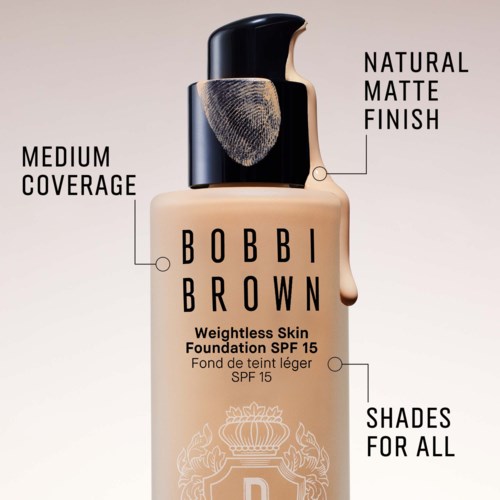 A bottle of Bobbi Brown foundation with a pump, labeled for natural matte finish and medium coverage, SPF 15.