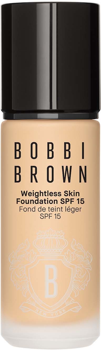 Foundation bottle with black cap, beige color, and Bobbi Brown logo, SPF 15, for weightless skin.
