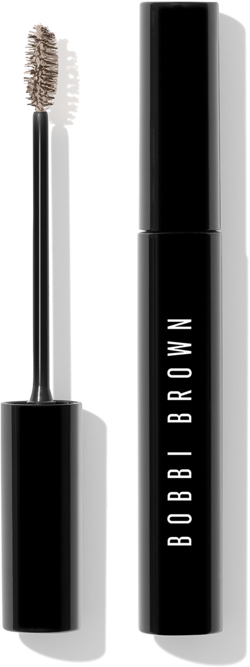 A black mascara tube with a brush lifted out, and the brand name 'BOBBI BROWN' on the tube.