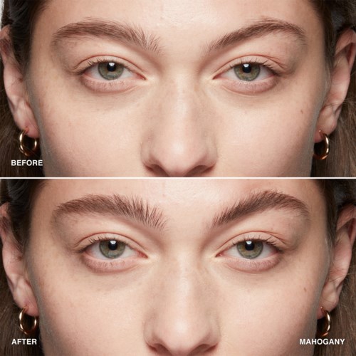 A woman with pale skin before and after applying makeup, showing eyebrows are darker and more defined after.