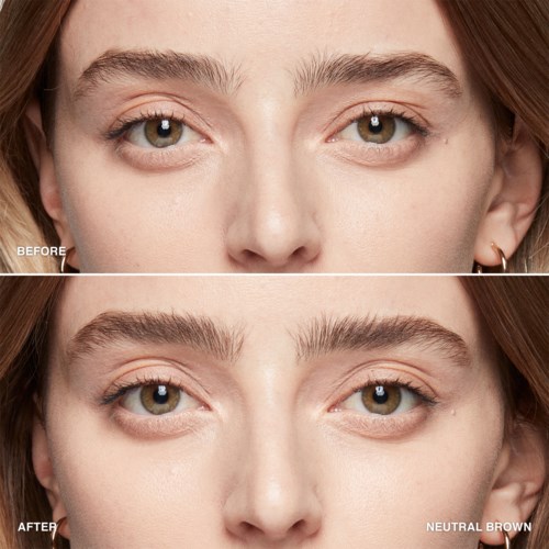 A woman with clear skin and natural eyebrows before and after hair coloring, showing transformation to a neutral brown shade.