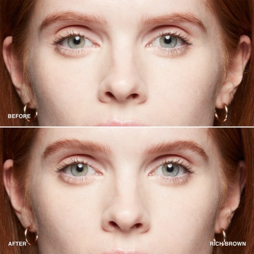 Before and after images of a woman's face showing hair and eye color change from light to rich brown.