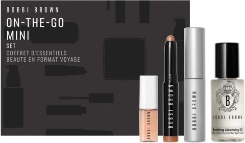 Bobbi Brown On-The-Go Mini Set with lip gloss, eyeshadow, mascara, and cleansing oil in a travel pouch.