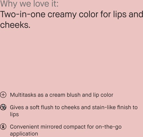 Text beschreibt ein Make-up-Produkt, das Lippen und Wangen mit Creme färbt, mit Farbstoff-Finish, kompakt für unterwegs.