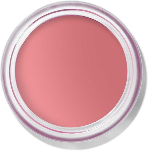Pyöreä säilyke, jossa on vaaleanpunainen meikki tai kermatuote, avattuna ja näyttäen sisällön.