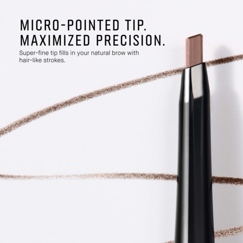 Text and image of a brow pencil with a fine tip, describing precision and hair-like strokes.