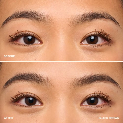 Close-up of eyes showing before and after eyelash enhancement with fuller, darker lashes.