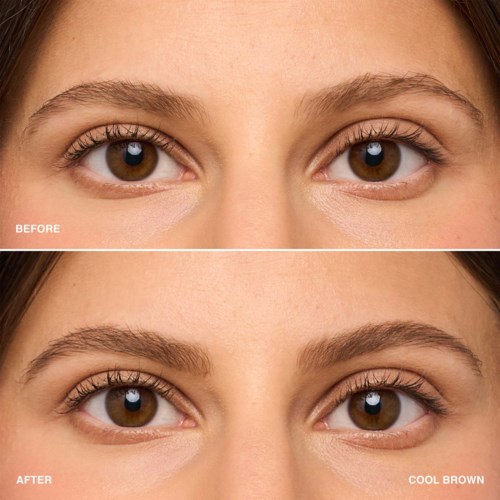 Two images show eye area with eyebrows before and after using a product for brow enhancement.