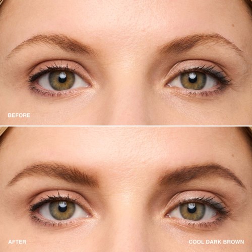 Before and after images of someone’s eyebrows, showing a change to darker, more defined brows.