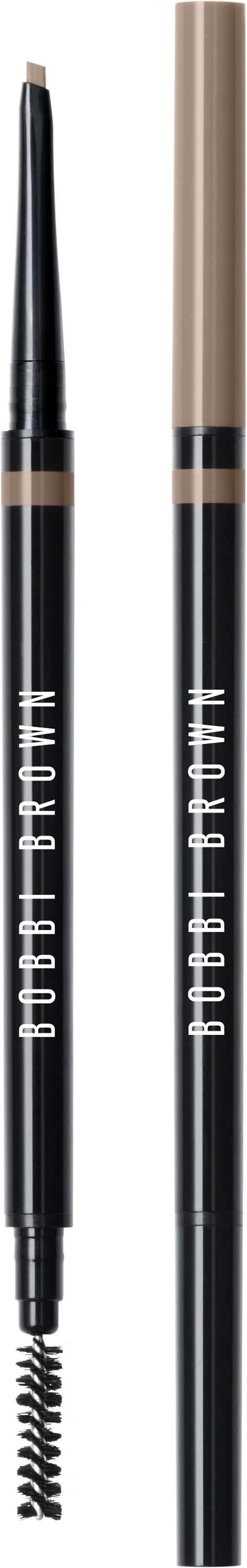 Two eyebrow pencils with beige caps and black bodies, marked with white text, placed vertically.