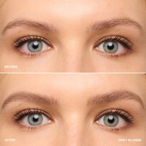 A close-up of a person's eyes shows a before and after of eye makeup or treatment. The eyes are blue with long eyelashes.