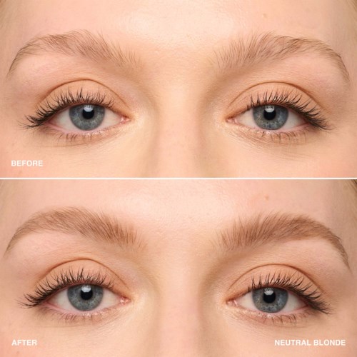 A woman's eyes before and after makeup, showing fuller eyebrows and enhanced eyelashes in the second image.