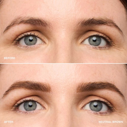 A before and after comparison of eyebrows, showing transformation from sparse to full, dark brown, and well-shaped.