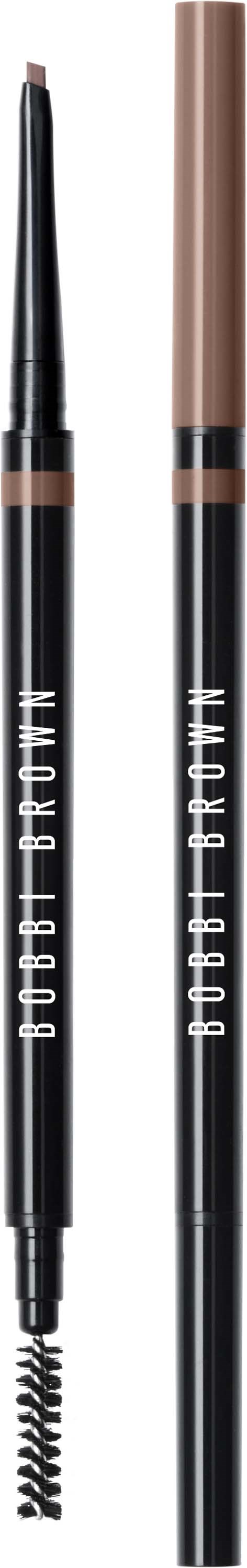 Two eyebrow pencils with black and light brown colors placed vertically. One has a twist-up tip, the other has a brush.