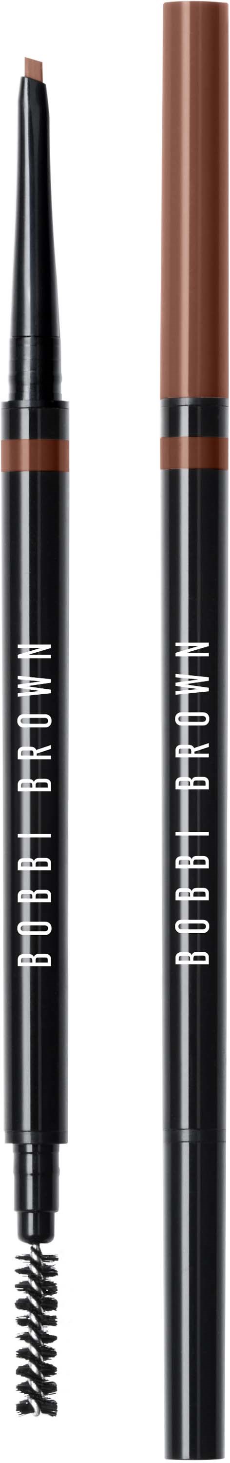 Two eyebrow pencils, one with a thin tip and one with a flat tip, both black with brown tips and white text.