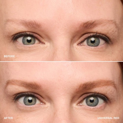 Two images show a person's eyes before and after using a red-colored cosmetic product. The after image has more defined eyebrows and makeup.