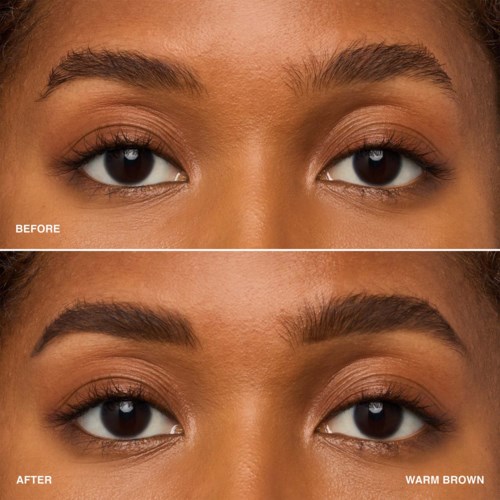 Two close-up images show an eyebrow transformation, from light and thinner to darker, thicker, and more defined.