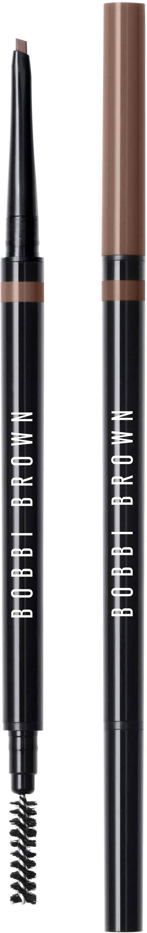 Two eyebrow pencils, one with a spoolie brush, have black handles with white text and brown caps.