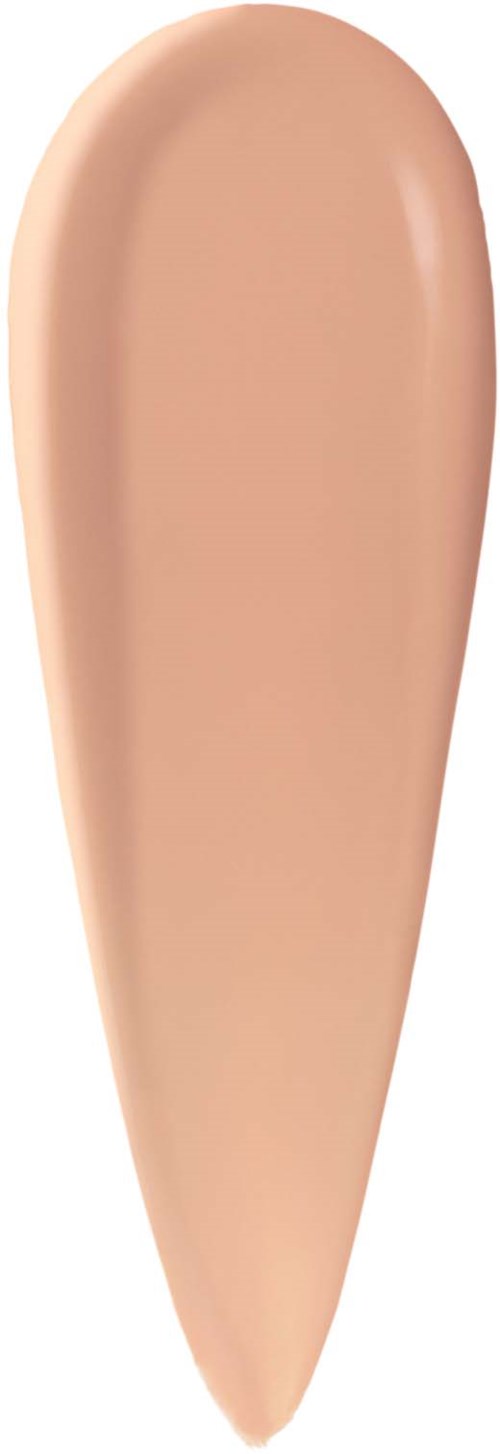 Beige flytande foundation på vit bakgrund som visar slät textur och färg.