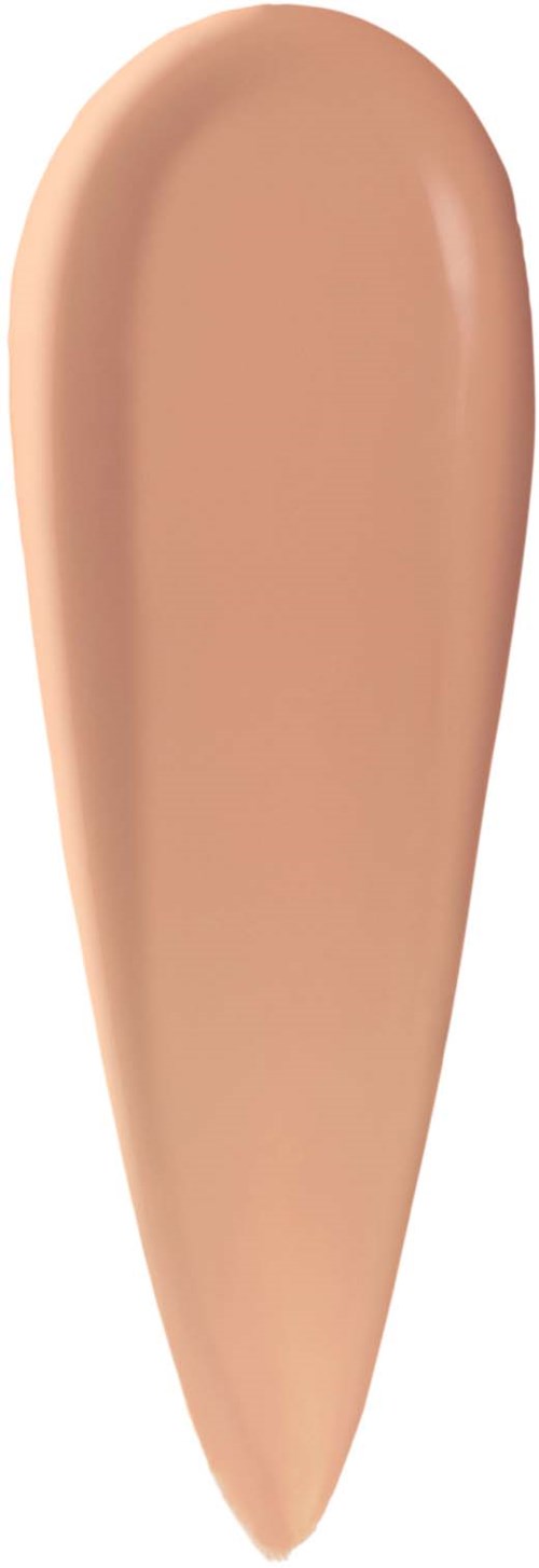 En beige makeup-fukkruta i en tårform på vit bakgrund.