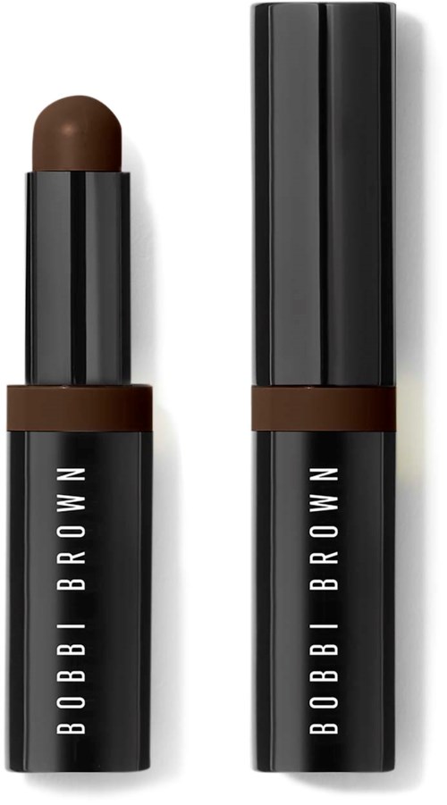 A Bobbi Brown lipstick with brown color, closed and open, in black sleek packaging.
