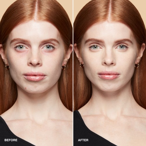 A woman with red hair shows a before and after makeup effect, with smoother skin and more defined features.