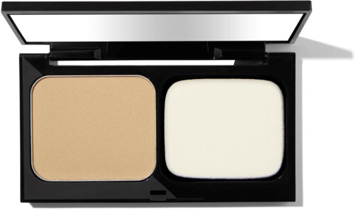 A compact makeup product with two powders, one beige and one white, in a black case with a mirror.