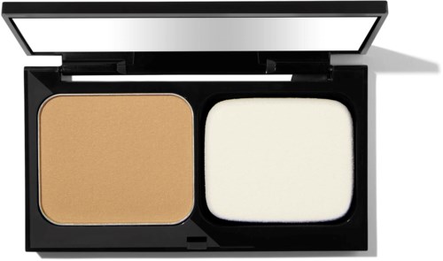 A makeup compact with two sections: one with beige powder and one with white sponge.
