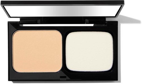 A makeup compact with two powders, one light and one dark, in a black case with a mirror.