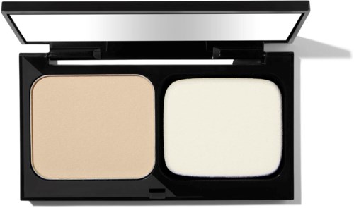 A compact with two powders, one beige and one white, inside a sleek black case with a mirror.
