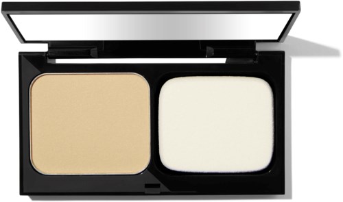 A compact makeup case with two powders: beige and white, inside a black case with a mirror.