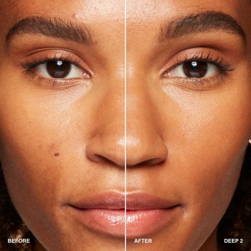 A woman's face showing clear skin, enhanced eyebrows, and shiny lips, in a side-by-side comparison labeled 'before' and 'after.'