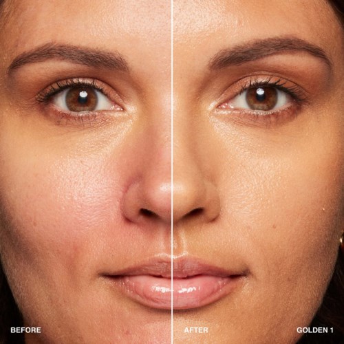 The image shows a before and after comparison of a woman's face, highlighting skin improvement and makeup removal.