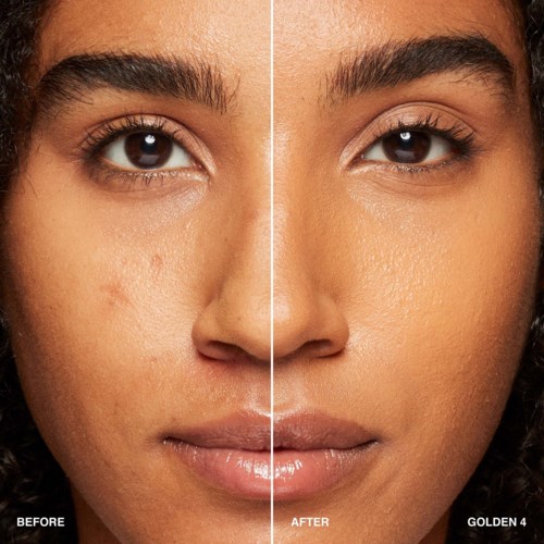 A woman's face shows clear skin before and after skincare, highlighting improved texture and even tone.