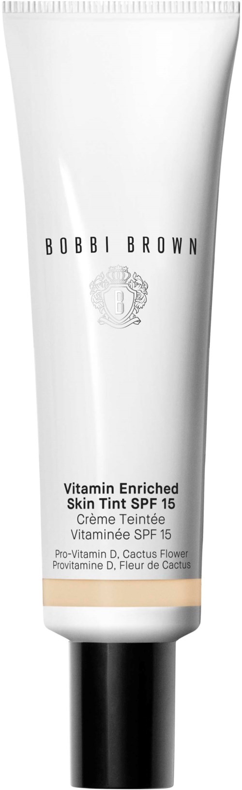 A white tube of Bobbi Brown Vitamin Enriched Skin Tint SPF 15 with black cap, minimal text and logo.