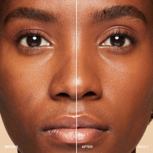 A close-up of a woman's face showing before and after skin treatment, with smoother, brighter skin in the after photo.