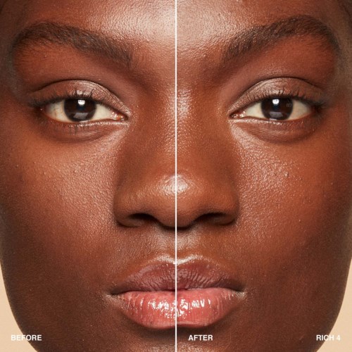 Close-up of a person's face showing a before and after makeup or skincare transformation.