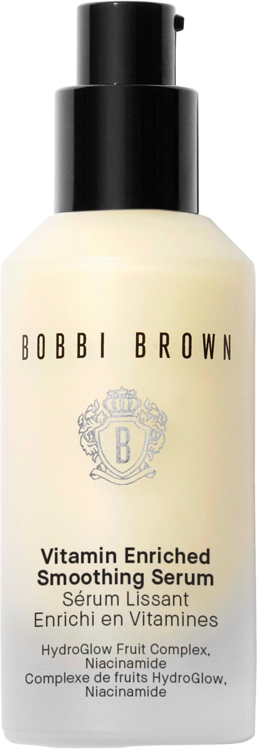 A white bottle with black pump top, labeled Bobbi Brown Vitamin Enriched Smoothing Serum, with a logo and product details.