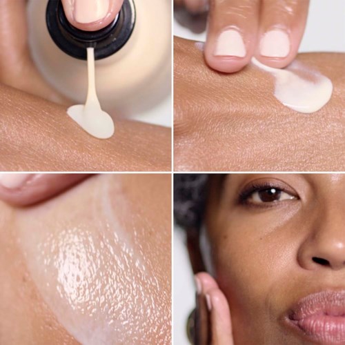 A woman applying cream to her cheek, showing skin, applying product, and close-up of her face.